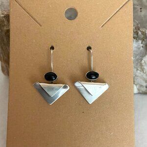 Artisan Sterling Silver 925 Dainty Geometric Onyx Dangle Drop Earrings